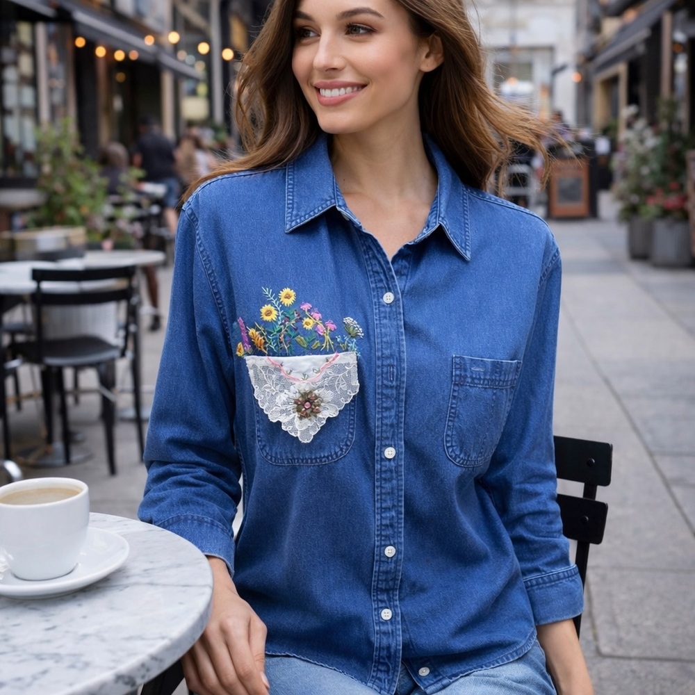 Talbots Blue Denim Shirt with Embroidered Floral Detail
